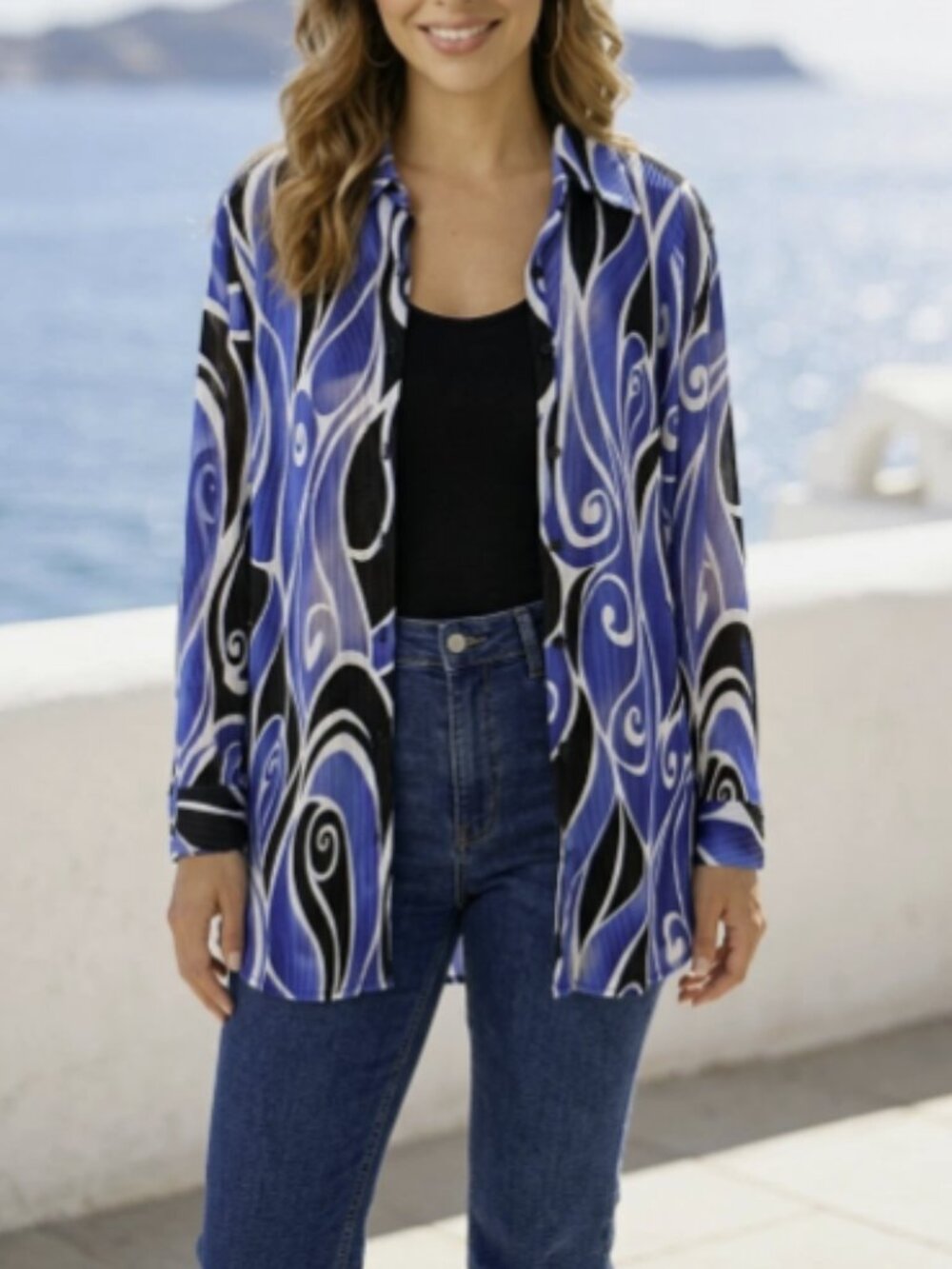 Chico's 100% Silk Blue Abstract Swirl Blouse Women's Size 3 (US XL 16-18)